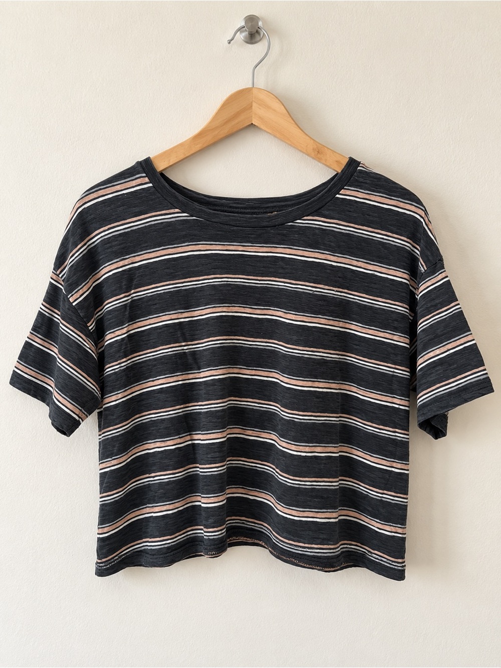 American Eagle Outfitters Striped Crop Tee in Black, Tan, and White